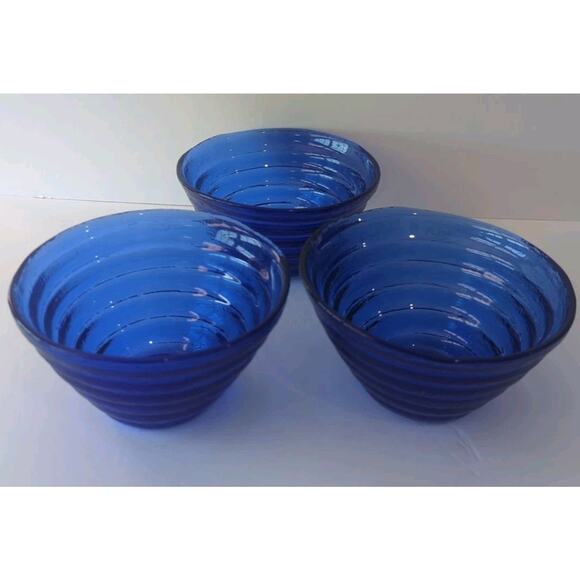 Set Of 3 Vintage Cobalt Blue Beehive Swirled Glass Cereal Bowls